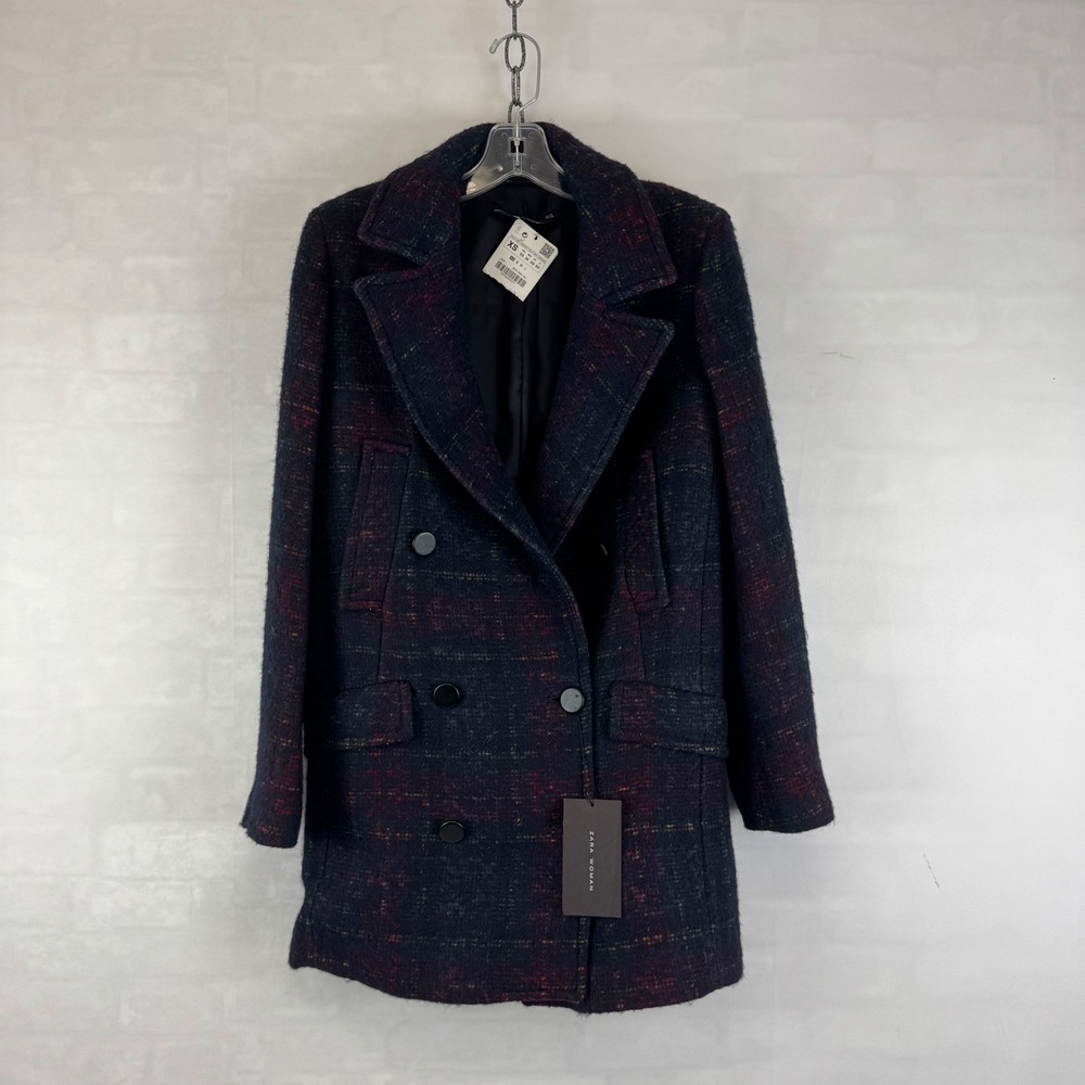 ZARA Woman Plaid Double Breasted Wool Blend Coat Navy Red XS NWT‎